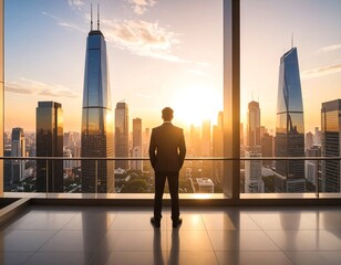 Obraz na płótnie Canvas Businessman gazing at cityscape at sunrise