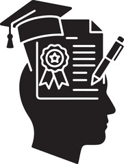 Graduation cap and diploma inside human head silhouette with pen education degree