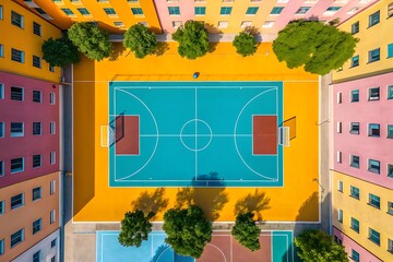 Aerial view of a vibrant turquoise basketball court surrounded by colorful buildings and green trees