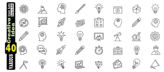 Collection of 40 black and white line art icons representing business and creative ideas