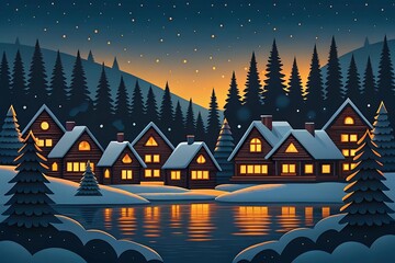 Obraz premium Cozy snow covered village nestled amongst dark pine trees with glowing windows and starry night sky winter