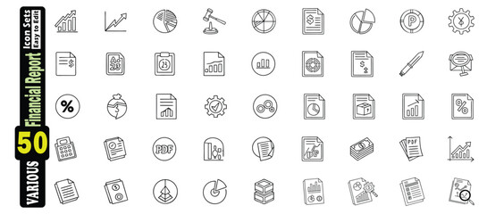 Collection of 50 financial report and business icons in outline style icon set finance