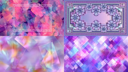 Four vibrant compositions. Two frames contain abstract textures; the others, diamond and geometric patterns