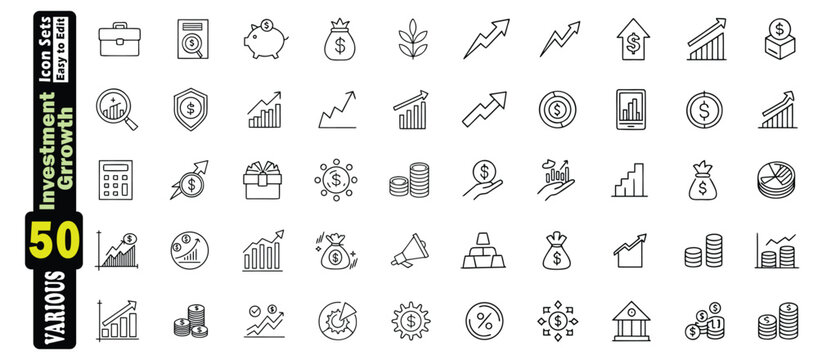 Collection of 50 black and white line icons for investment and finance growth vector