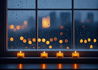 Four lit candles on a windowsill with a rainy window and blurred city lights background image
