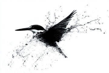 Kingfisher diving logo, dynamic splash, white background in black silhouette complex photo .