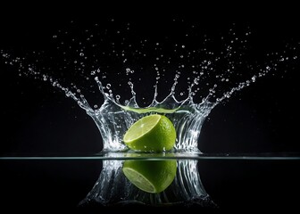 Green lime half splashing into clear water creating crown splash and reflection on black background citrus