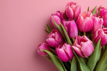 Fototapeta premium Flat lay of pink tulips on a soft pink background with copy space, minimalist pastel floral banner for spring themes and International Women's Day, top view in high-resolution with professional detail