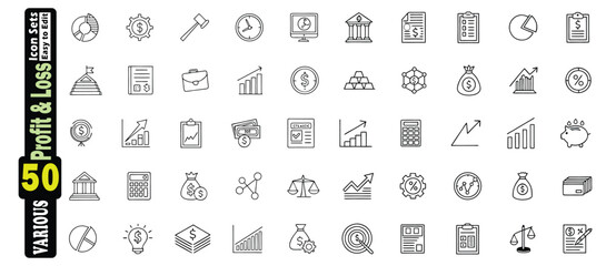 Fifty Business Finance Icons Set for Profit and Loss Analysis vector