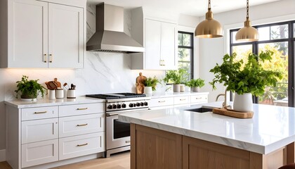 Bright kitchen with white cabinets, marble backsplash, and a large island