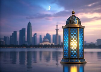 Ornate blue Islamic lantern glows with warm light on water with city skyline at dusk gold intricate pattern
