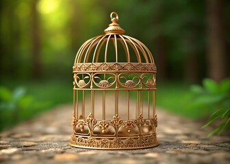 Ornate golden birdcage on a stone path with blurred green foliage background decorative metal