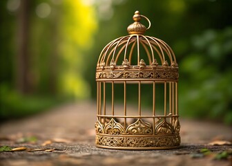 Ornate golden birdcage resting on weathered wooden planks in a sunlit forest clearing vintage antique