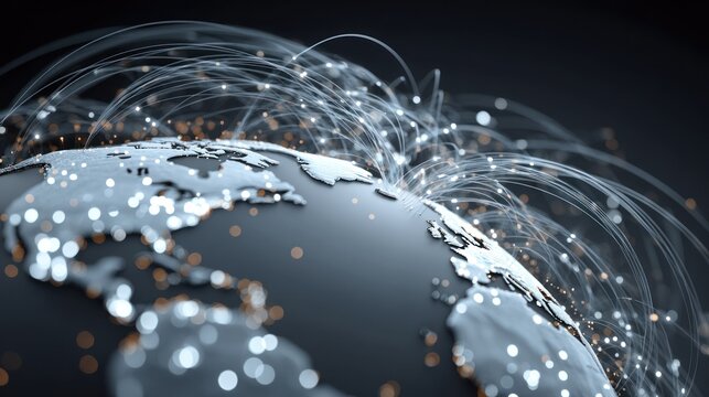 A globe with glowing lines connecting continents and cities.