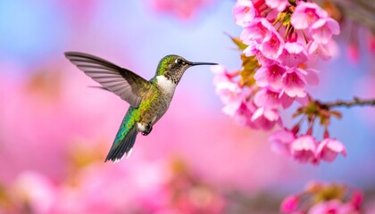 Fototapeta premium Iridescent hummingbird hovering near vibrant pink cherry blossoms; blurred blue-pink background highlights delicate interaction—nature’s elegance in motion, vivid and graceful.