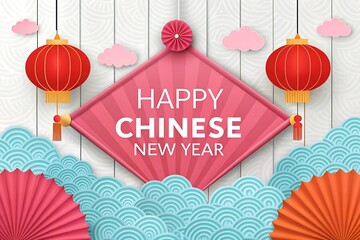 Red Chinese lanterns and paper fans with Happy Chinese New Year text on a wooden background celebration