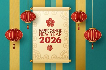 Red Chinese lanterns hang on a teal and gold striped background with a scroll celebrating Chinese New Year 2026