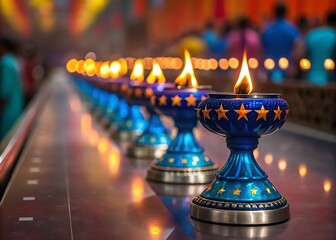 Row of ornate blue oil lamps with yellow stars and flickering flames in a dimly lit hall candle fire