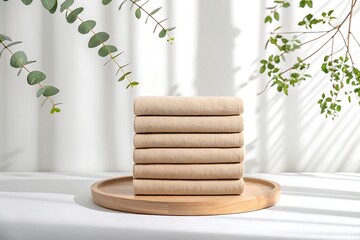 Stack of six beige folded towels on a wooden tray with eucalyptus branches and soft shadows image