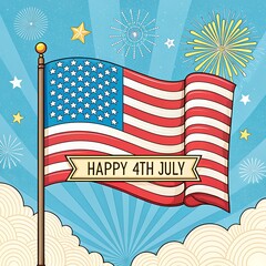 Stylized American Flag Waving with Happy 4th of July Banner and Fireworks Display United States independence day