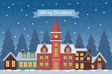 Stylized flat illustration of a charming Christmas village with snow falling and trees in the background