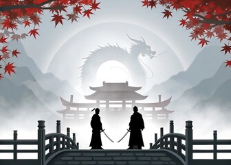Two Samurai Warriors Silhouetted on a Bridge Facing a Mystical Dragon and Pagoda in a Misty Landscape with Red Maple Leaves