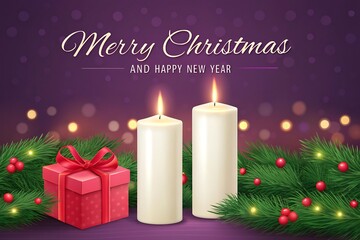 Two tall white Christmas candles with a red gift box and pine branches on a purple background holiday