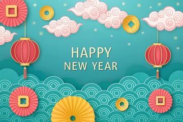 Vibrant Chinese New Year banner with red lanterns gold coins and pink clouds on teal background Lunar New Year