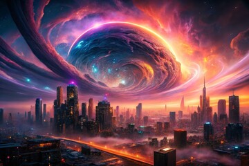 Fototapeta premium Futuristic Cityscape with Cosmic Sky