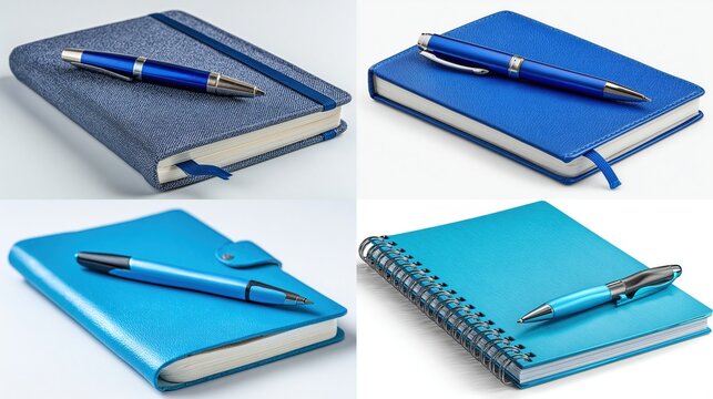Four images showcase a blue notebook and pen, differing in style and placement, against a white background