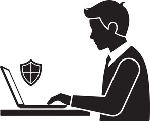 Man using laptop with shield icon for data security computer