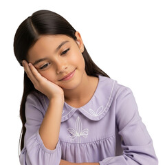 Fototapeta premium Pensive Girl Head in Hand Thoughtful Childhood Portrait Charming Youngster Looks Down Introspective Kid Contemplation Emotion Expression Kid Portrait