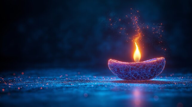 Illuminated diya with flame and mesh structure symbolizing Diwali celebration