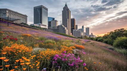 Obraz premium City Skyline with Wildflower Meadow