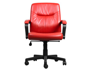 Naklejka premium Stylish red leather office chair with armrests, isolated on transparent background