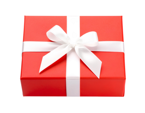 Festive red gift box with white ribbon and bow, isolated on transparent background