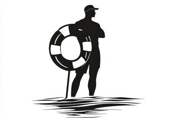 Lifeguard with buoy icon vector illustration isoleted on white background in black silhouette complex photo.