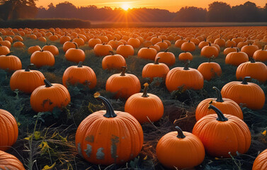 Orange Pumpkins in a Field at Sunset
