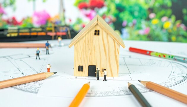 Wooden house model on architectural blueprints, surrounded by colored pencils and miniature figurines, with a blurred garden backdrop—evoking design, planning, and creativity. - Powered by Adobe