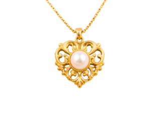Elegant gold pendant with intricate floral heart design and central pearl, attached to a delicate golden chain, isolated on transparent background