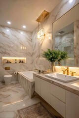 Modern bathroom featuring marble walls, a bathtub, vanity, lighting, and green plant decor