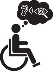 Person in wheelchair thinking about hearing and seeing with magnifying glass disability
