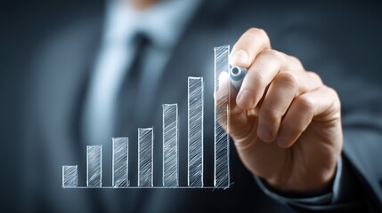 A businessman drawing a bar graph on a virtual screen.