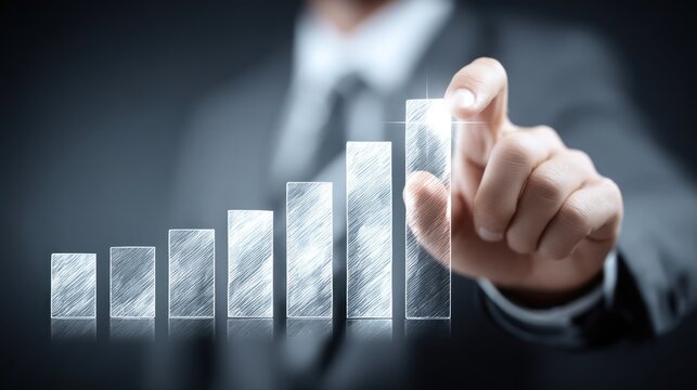 A businessman pointing to a bar graph on a virtual screen.