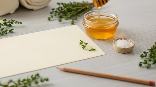 Honey, thyme, and salt arranged on a table beside a blank recipe card and pencil.