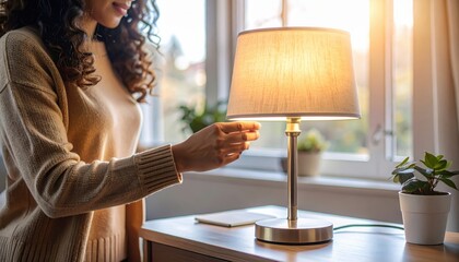 Woman turning on table lamp in cozy home interior