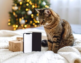 Cat examining smartphones by Christmas tree