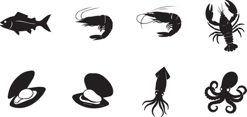 Seafood silhouette icon set. fish, seafood varieties collection in silhouette style.
