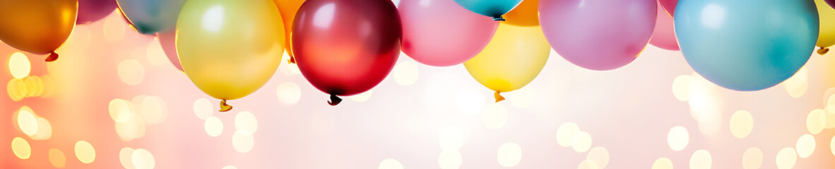 Colorful balloons hanging against a soft background, creating a festive atmosphere.