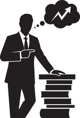 Silhouette man in suit pointing at stack of books with growth chart in thought bubble